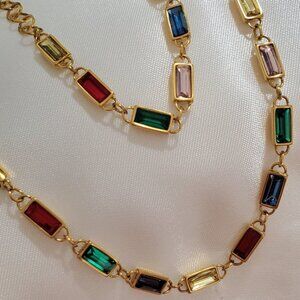 Multicolor Baguette Crystal Necklace Bracelet Gold PVD Stainless Steel Jewelry